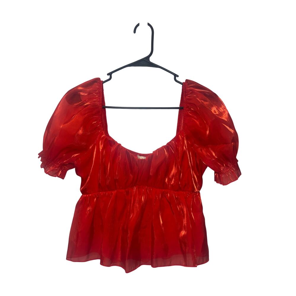 Thirty Thirty LA Red Shimmery Puff Sleeve Cropped Babydoll Top Women’s Size M